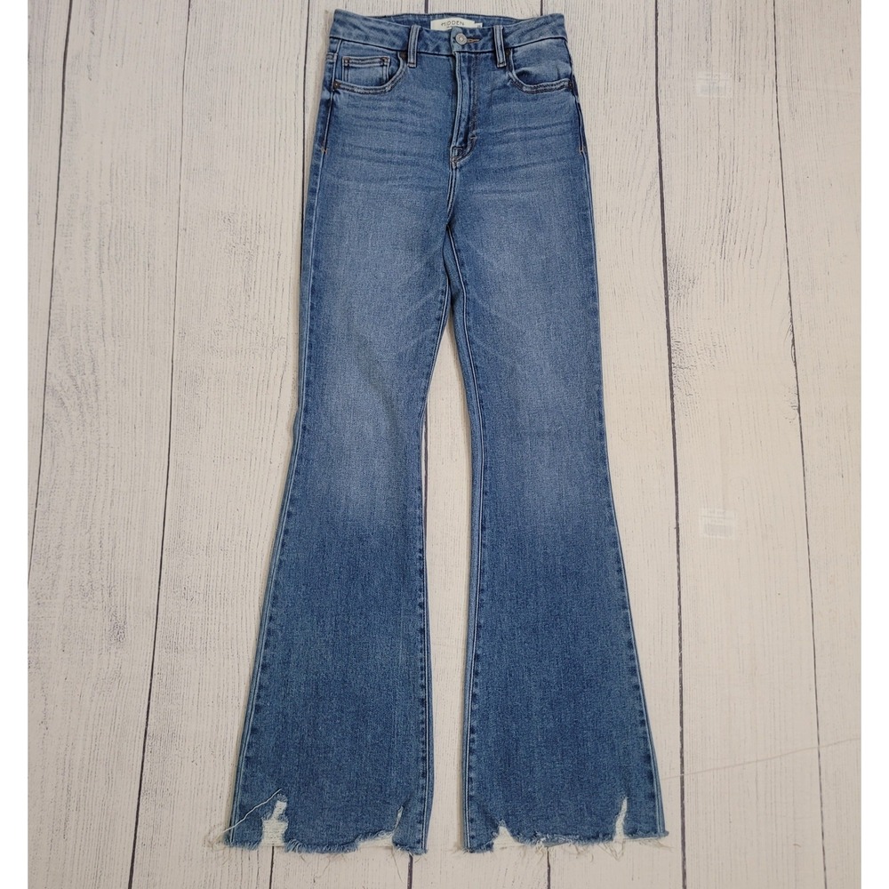 Hidden Jeans 25 Flare Jeans Womens High Rise Raw Hem Distressed Medium Wash